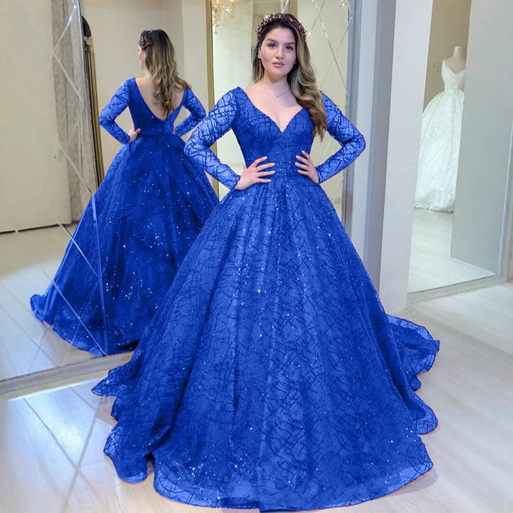 Vestido de novia azul Otoño e Invierno Nueva manga larga con lentejuelas gran swing vestido sexy V-cuello vestido de banquete Nuevo image 3