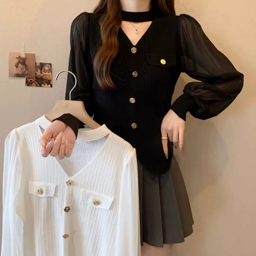 Autumn/Winter Design Sensory V-Neck Knit Top with Mesh Splicing, Long Sleeve, Slimming, and Chanel Style