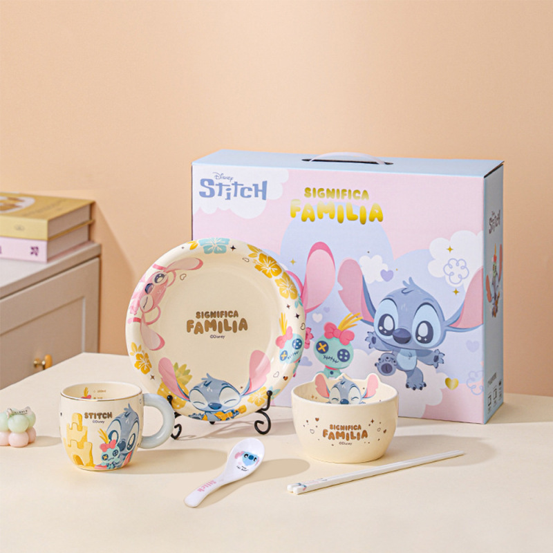 ステッチの新作セラミック5点セット、一人用、高見えドリンクカップ、子供用食器、ボウル、箸、プレート、スプーン|undefined