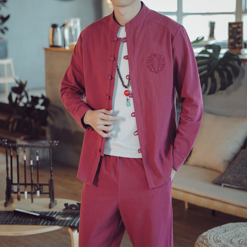 Autumn 2024 new Chinese style cotton and linen shirt suit men's Chinese Tang suit two-piece set a generation of hair