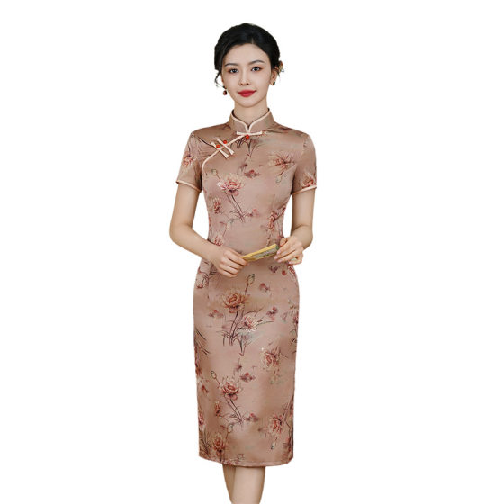 2025 Mid-length Cheongsam Spring and Summer New Retro Double-layer Bronzing Mother's Daily Cheongsam Traditional Cheongsam Dress