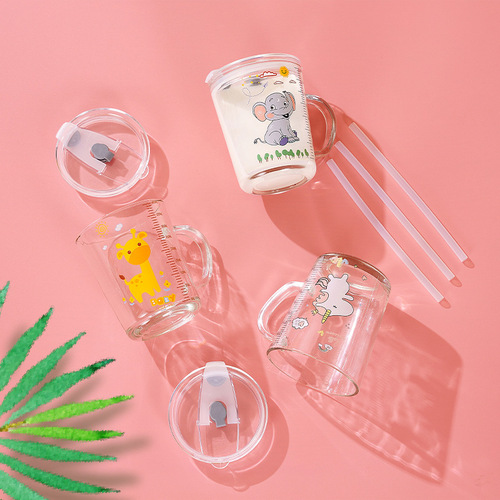 Cartoon Glass Cup Straw Cup Household Children Milk Breakfast Cup Water Cup Creative Handle Measuring Cup Handle Cup