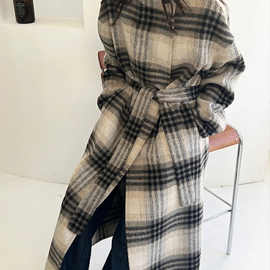 2024秋冬新款立领双面羊毛大衣女款时尚韩版系带格子毛呢外套