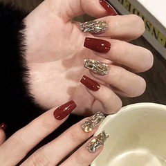 Red Wine Flash New Year Full Diamond Red Wine Color Nail Polish Removable False Nail Sticker