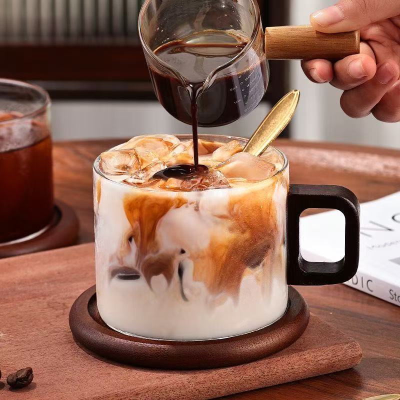 Taza de vidrio de alta temperatura de alto silicio de silicio, taza de alta calidad, taza de agua de alto valor, taza de café de madera de latte americana