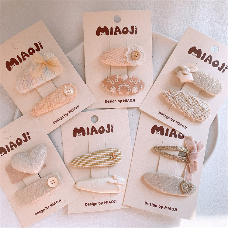 Spring New Children's Beige Bow Heart Hair Clip Sweet Girls Fringe Hairpin Side BB Hair Decorative Pin