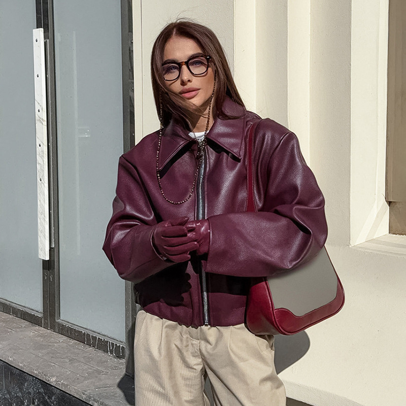 Vintage motorcycle style wine red leather women's 2024 autumn European and American fashion matte leather jacket coat cross-border women's clothing Vintage motorcycle style wine red leather women's 2024 autumn European and American fashion matte leather jacket coat cross-border women's clothing