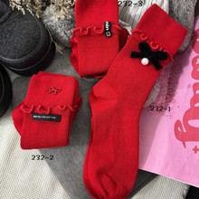 2025年秋冬新款红袜子木耳边蝴蝶结韩版福气喜庆甜美百搭本命年棉