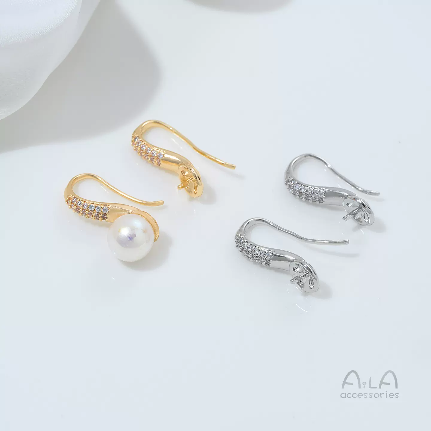 铜镀14K包金镶锆勺子耳钩半孔珠托高跟鞋耳环手工diy耳饰配件材料