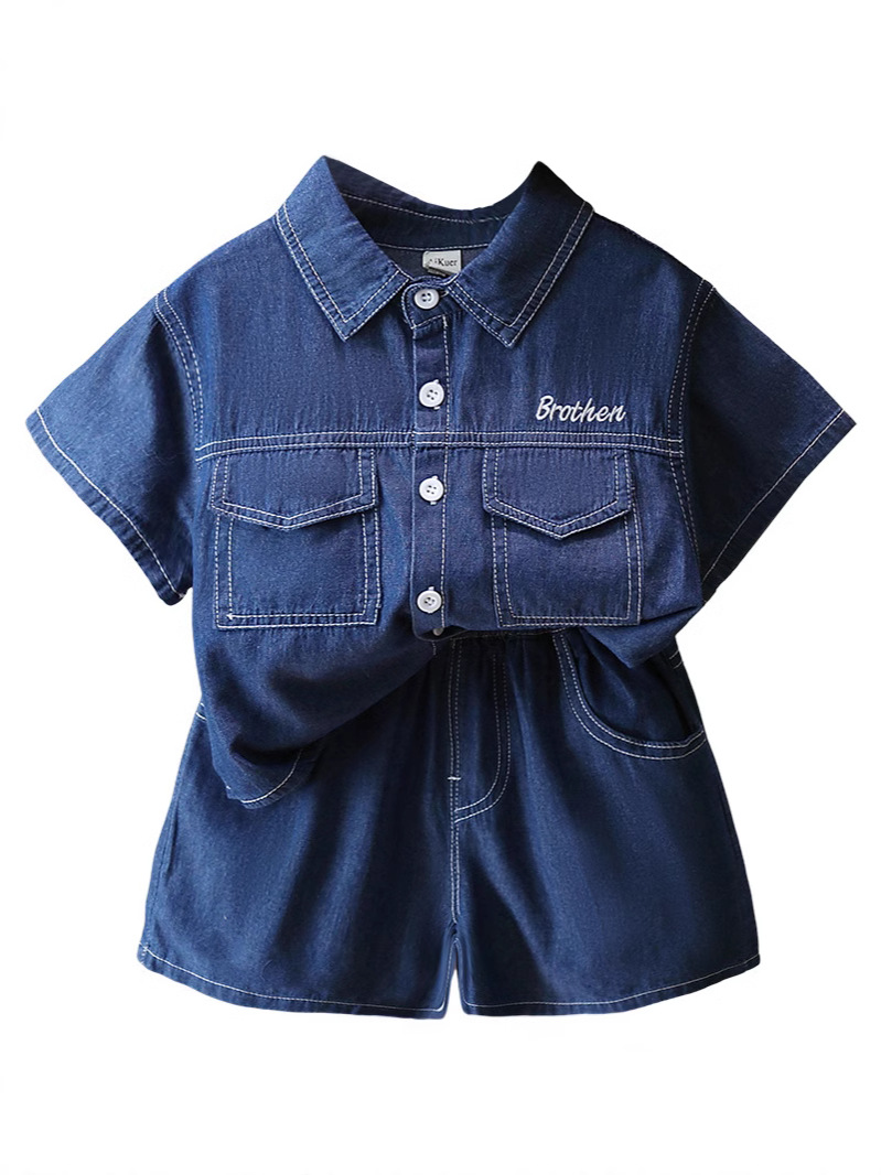 Conjunto de Dos Piezas para Niños, Estilo Verano, Camisa de Manga Corta y Pantalones de Mezclilla, Modelo 7216, Ropa Infantil Moderna, Estilo Coreano, Colección Verano 2026