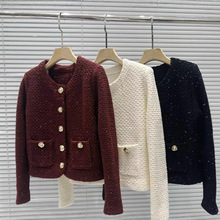 2025秋冬新款时尚花呢金扣重工亮片圆领针织开衫外套女