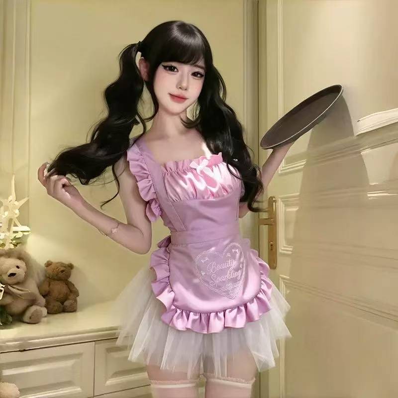 Maid Cosplay Costume Set with White Apron, Satin Skirt and Butterfly Socks — detail image 2