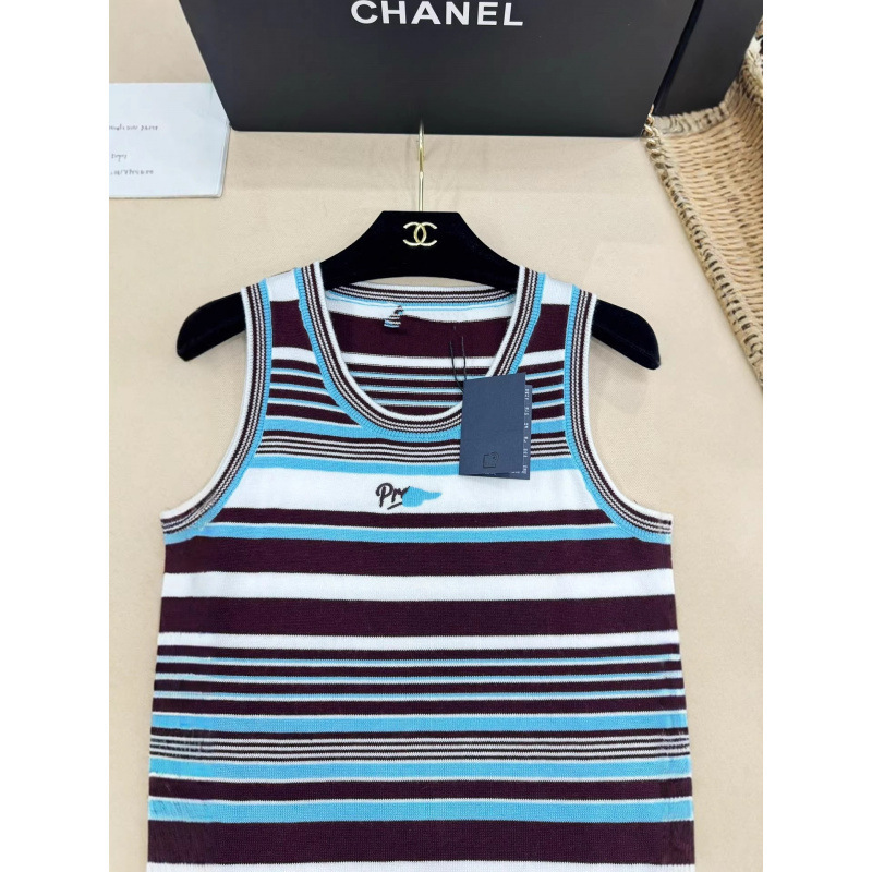 Prada High-Quality Round-Neck Color-Block Striped Cotton Logo Short-Sleeve Knitwear Factory