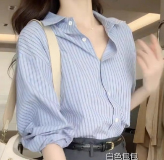 2025夏季新款蓝色防晒条纹衬衫外套气质职业衬衣女装法式休闲上衣|undefined
