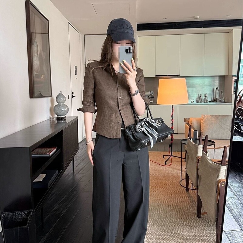 Beautiful Cotton and Linen Mid-Sleeve Shirts for Women, New Summer Style, Natural Pleated Shirts, Waist-Cinching Tops, Ivory White and Coffee Color