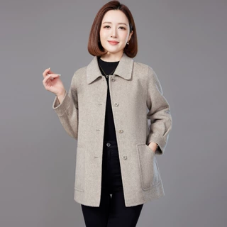 妈妈秋冬外套双面羊毛呢大衣女中长款中老年洋气高端大码女装保暖