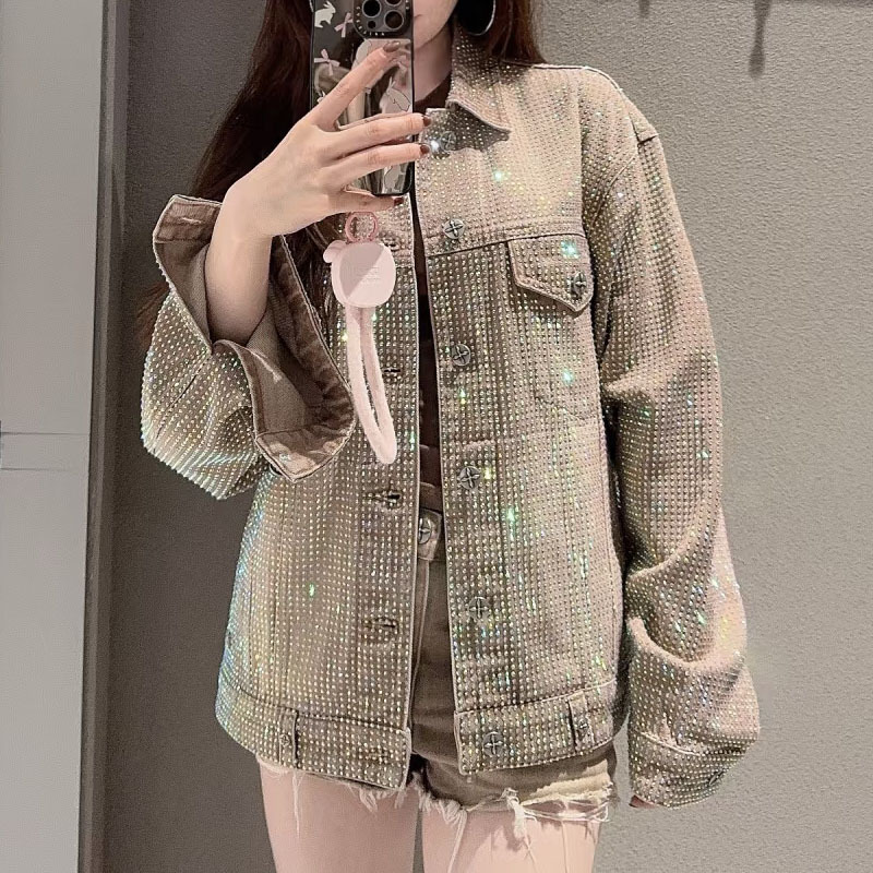 Smfk Wild Continent Giant Denim Jacket Handmade Distressed Bright Diamond Design Washed Casual Loose Women's Jacket
