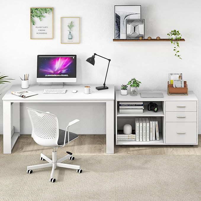 L-Shaped 55inch Desk with Drawer, Corner Desk with 3-Drawer and 2-Shelf Storage Filing Cabinet