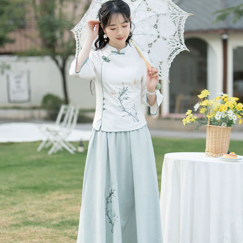 Новый китайский стиль Женская одежда Китайский ретро воротник-стойка Пряжка Вышитый Костюм Тан короткий топ Чонсам дзен чайный костюм