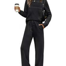 2025新款秋季欧美跨境女士套装长袖圆领上衣休闲松紧腰长裤阔腿裤