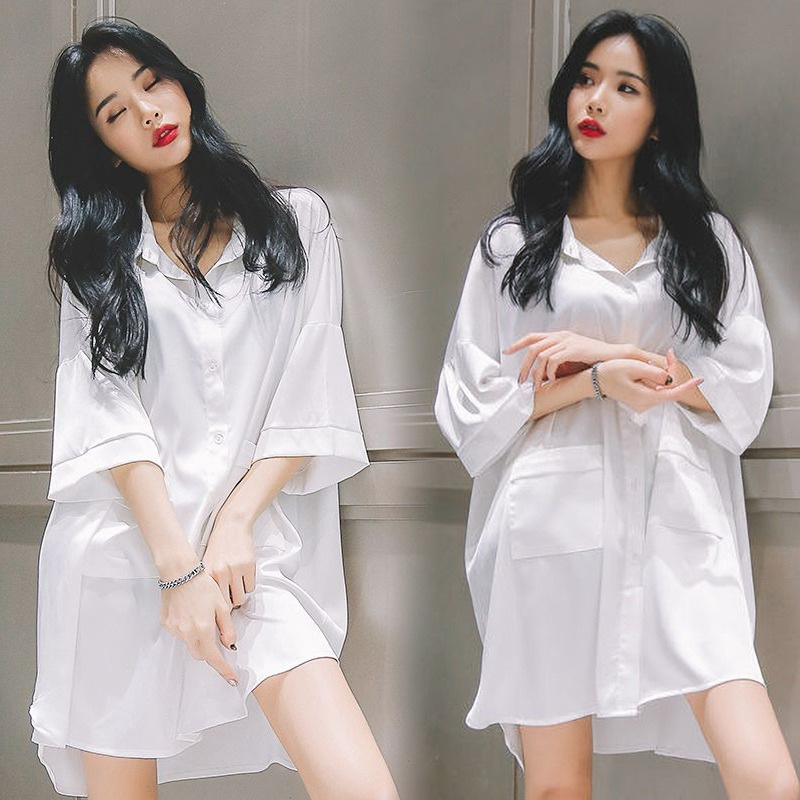 Camisón para mujeres 2023 nueva primavera y verano popular de moda estilo coreano de manga corta pijamas novio estilo camisa blanca