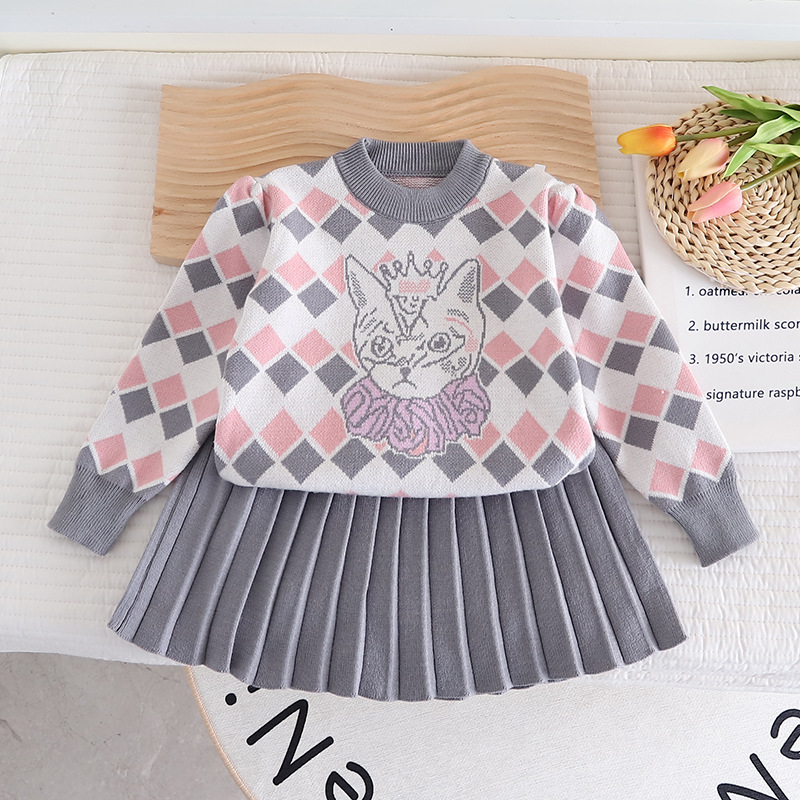 Children's Spring and Autumn New Cartoon Knitted Two piece Set Cardigan Girl Cute Tiger Head Sweater Skirt_voghion.com