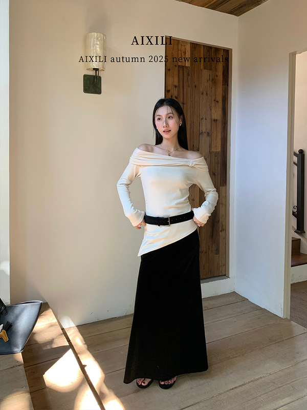 爱西里2025秋季简约高级感一字肩扭结设计不规则下摆针织衫A1591|undefined