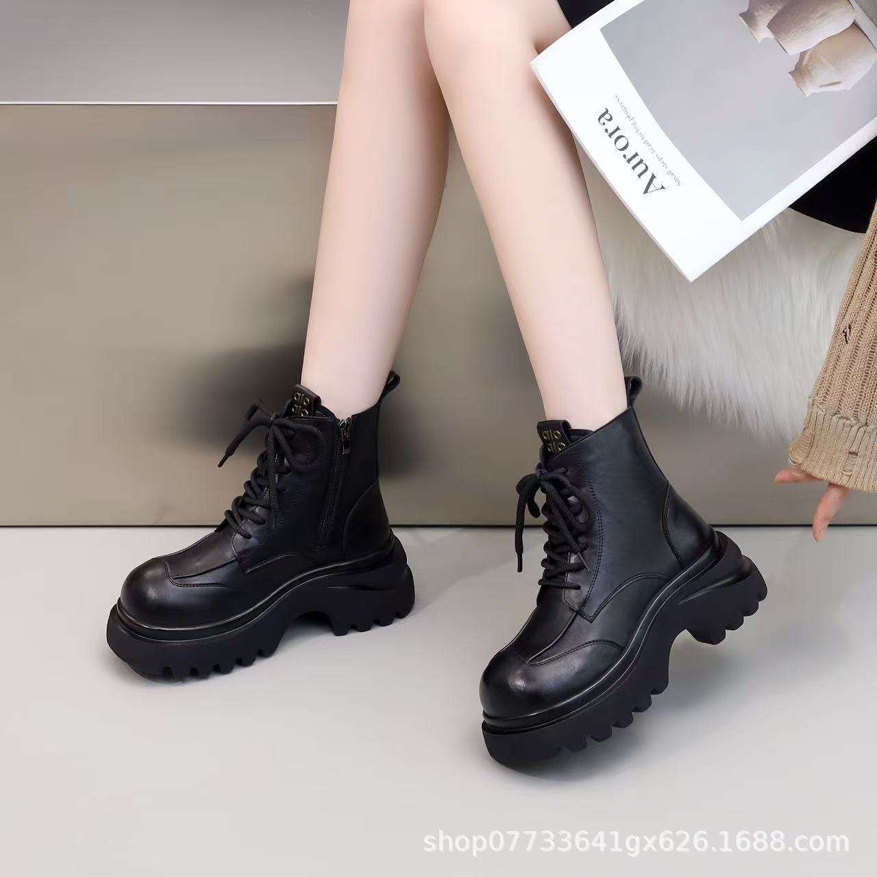 Genuine Leather Boots for Women, Small Thick Soles, 2025 New Super Popular Double Zipper Autumn and Winter Fleece-Lined Versatile British Short Boots