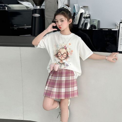 Children's clothing for older girls, 2025 girls' short-sleeve T-shirts for older children, girls' summer JK style dresses, two pieces