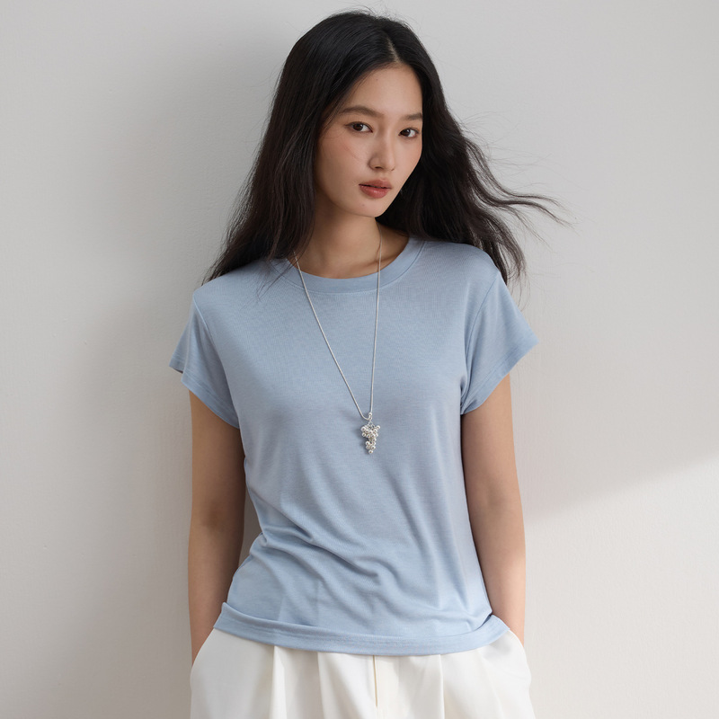 Lyocell Round Neck Short-Sleeved T-Shirt Women's Top Spring and Summer 2026 New Style Skin-Friendly Breathable Slimming Base Shirt