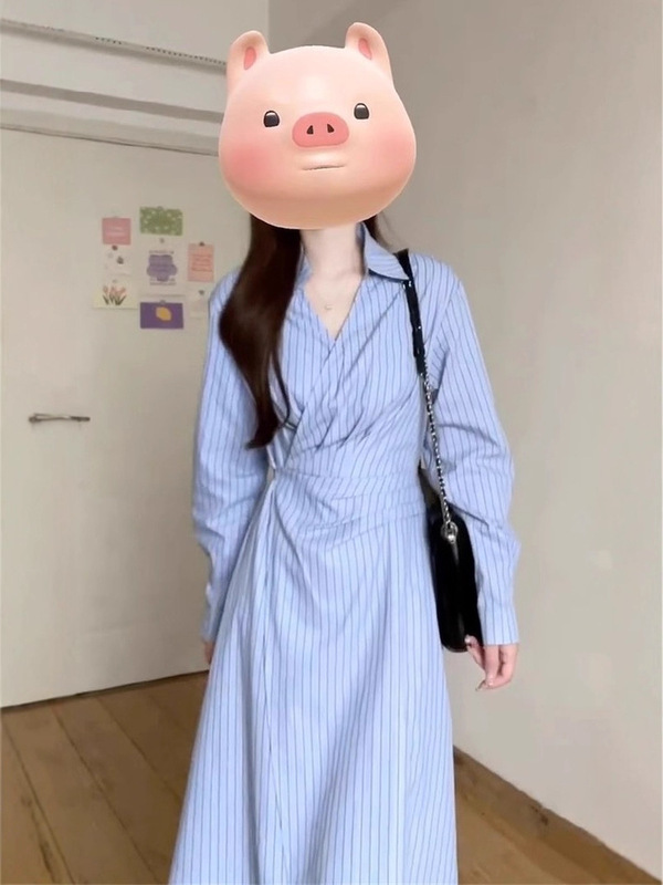 法式蓝色氛围感条纹长袖衬衫连衣裙2025秋冬新款气质收腰显瘦长裙|undefined