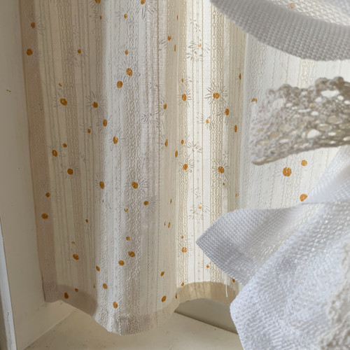 French double-layer pinless adhesive transparent and non-peephole Korean pastoral daisy lace curtains window ginger tea