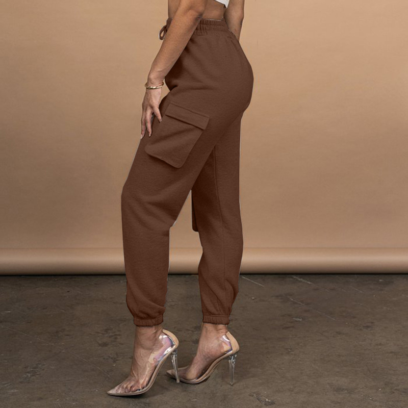 Europe And The United States Large Size Women's Leisure Solid Color Has Pockets Tie-tie Trousers Sports Pants Casual Pants
