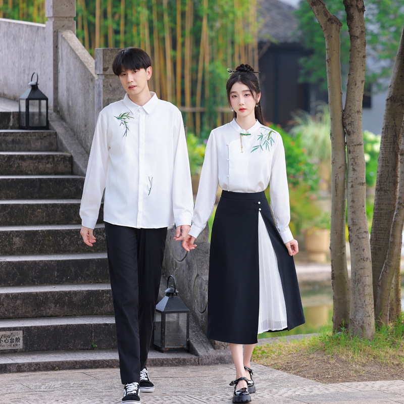 新中式情侣装秋季新款国风改良学生长袖班服复古改良盘扣立领衬衫