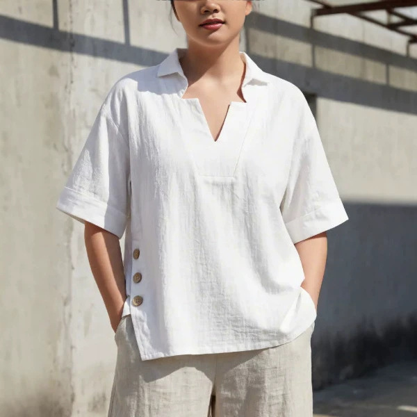 Summer Lyocell Cool-Touch V-Neck Short-Sleeve Polo Shirt with a Traditional Chinese Style and Old Money Vibe