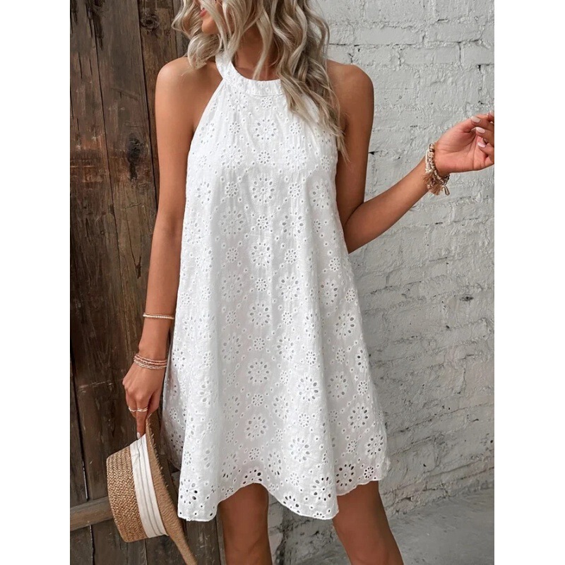 2023 European and American cross-border foreign trade summer new women's lace solid color sleeveless button halter Amazon dress