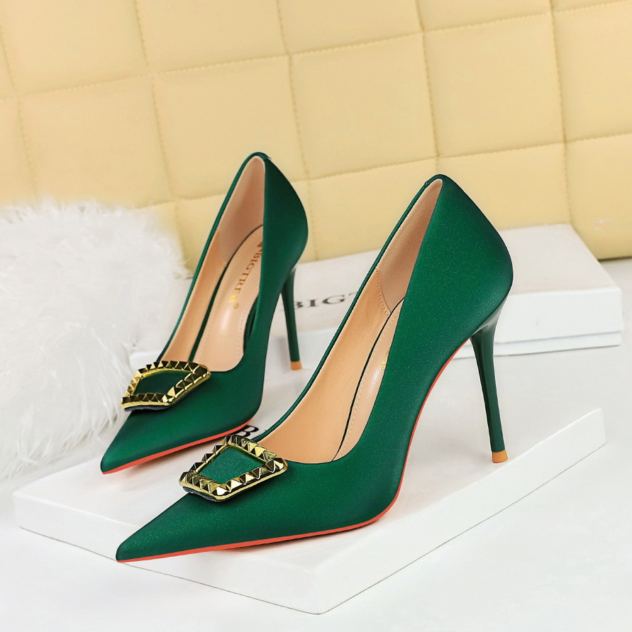 3265-K9 Korean Style Fashion Party High Stiletto Heels Shallow Mouth Pointed Toe Metal Buckle Decorated Single Women's_vogvips.com