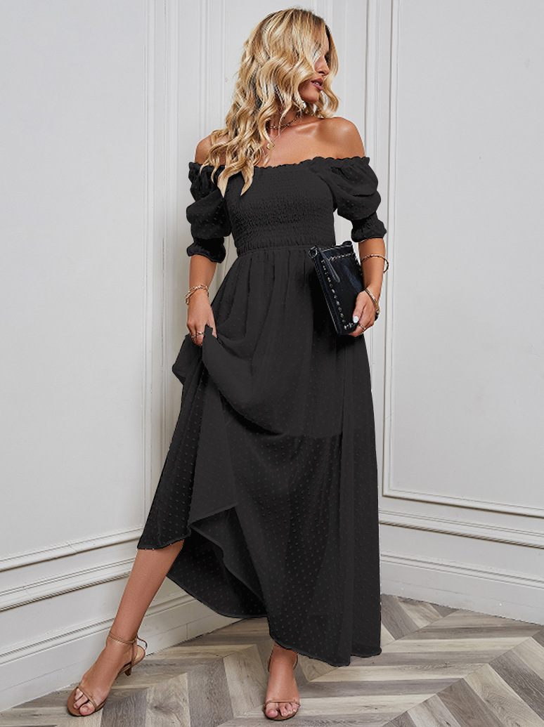 Fashion Solid Color Boat Neck Short Sleeve Jacquard Polyester Maxi Long Dress