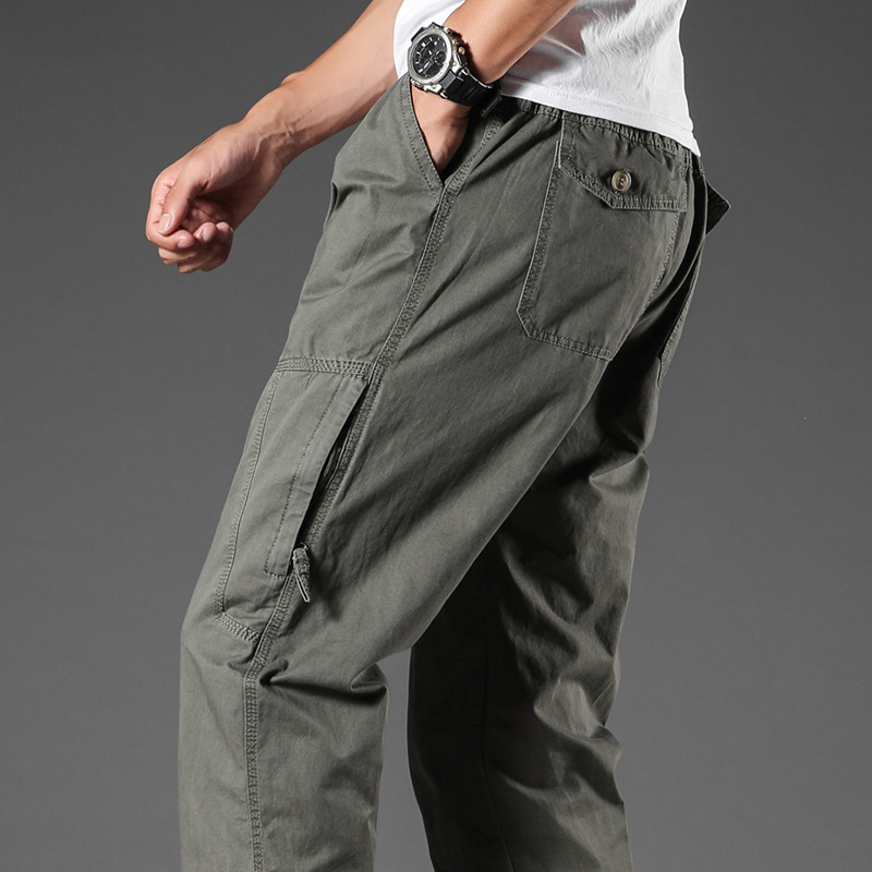 Summer Washed Cotton Casual Pants for Men, Loose Straight-Leg Pants, Pure Cotton Multi-Pocket Cargo Pants, Thin Summer Style, Large Size Long Pants