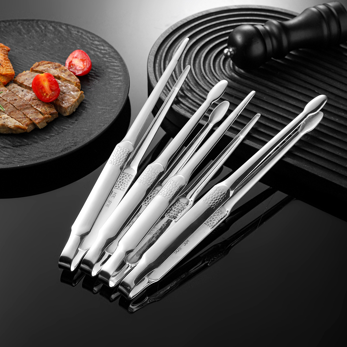 Water Cube 304 Stainless Steel Barbecue Clip Korean Buffet Steak Clip Pointed Outdoor Barbecue Clip Food Clip