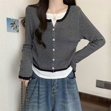 韩系假两件长袖设计条纹2026新款抽绳收腰软糯洋气毛衣针织衫上衣
