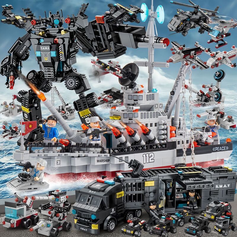 Compatible with Lego bricks aircraft carrier tank car huge assembled educational toys children's military boy gift box