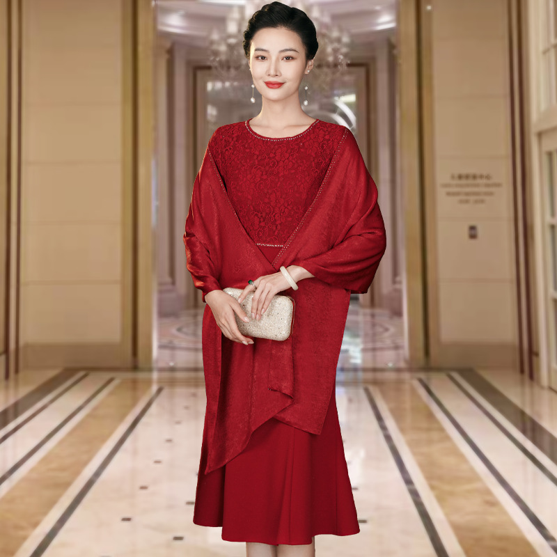 2024 New Autum Style Wedding Banquet Festive Mother's Dress for Middle-Aged and Elderly People, Noble Elegant Dress and Shawl Two-Piece Set