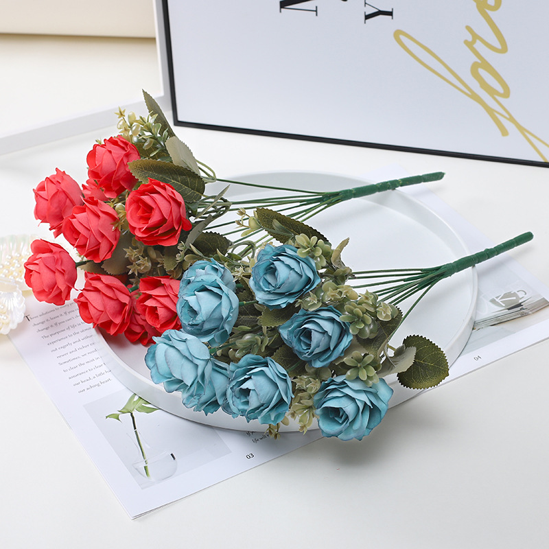 仿真花10頭玫瑰假花家居婚慶裝飾攝影道具廠家批發客廳擺件花藝