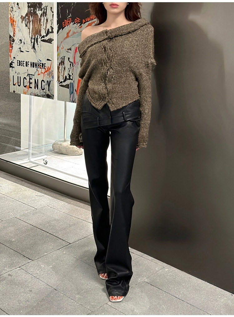 American hot girl PU pantalones de cuero mujer 2024 otoño salvaje negro casual pantalones delgados trapeando pantalones retro rectos image 3