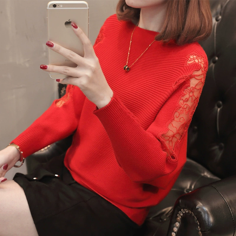 2023 Осень Новый короткий пуловер свитер женский свободный воротник кружевная полая трикотажная рубашка с летучей мышью