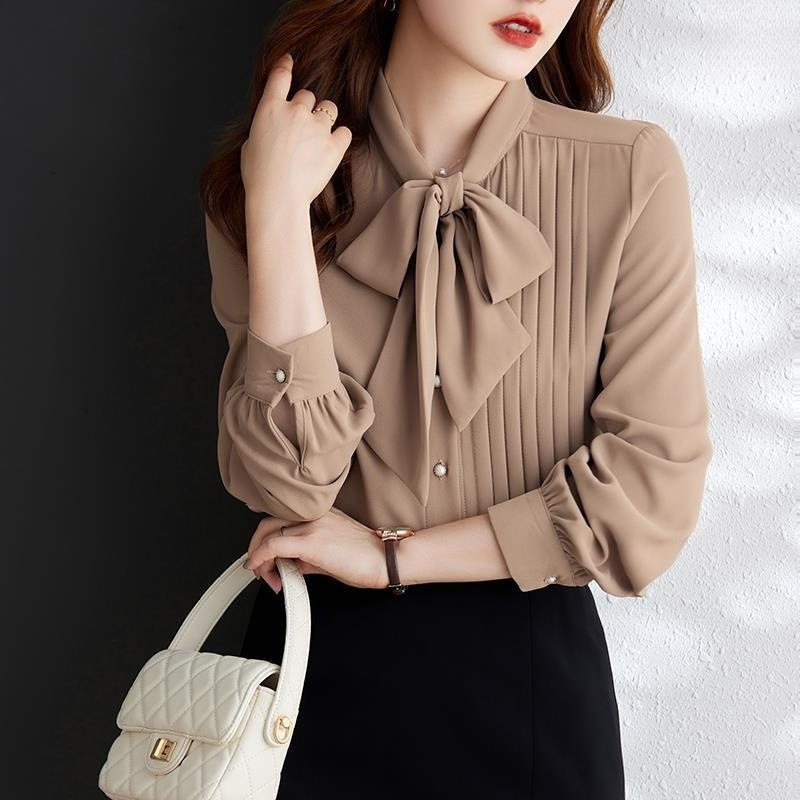 Light Coffee Color Chiffon Long-Sleeved Shirt for Women with Bow Collar and Asymmetrical Design, 2026 New Style, Fashionable and Stylish