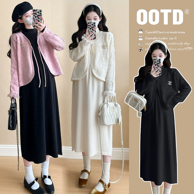 Съемка на месте ~ Одежда для беременных Весенний и Осенний набор Модные новые свободные трикотажные платья для беременных набор из двух частей
