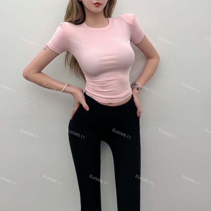 Pure desire! Very classy blue sexy thin round-neck tight-fitting T-shirt, basic style, regular shoulder, short-sleeved top for women