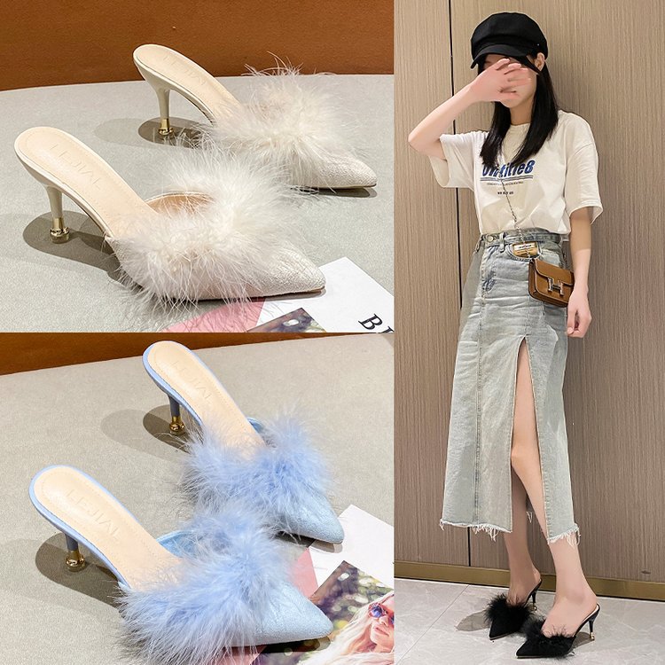 New European American Foreign Trade Large-size High-heeled Pointed-toe Furry Slippers For Women, Sexy And Slimming_vogvips.com